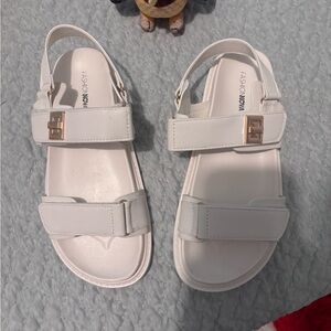 Fashion Nova Cream Sandals with Gold Accents
